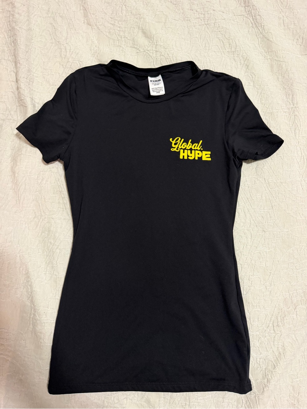 PINK Victoria's Secret Black Tee with Yellow "Global HYPE" Chest Logo